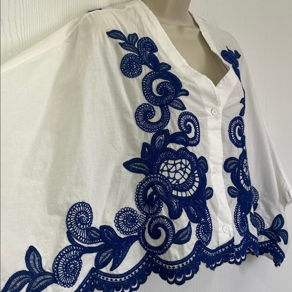 Zara - Blue Embroidered Floral White Button Down Batwing Blouse Size XS - Picture 5 of 12
